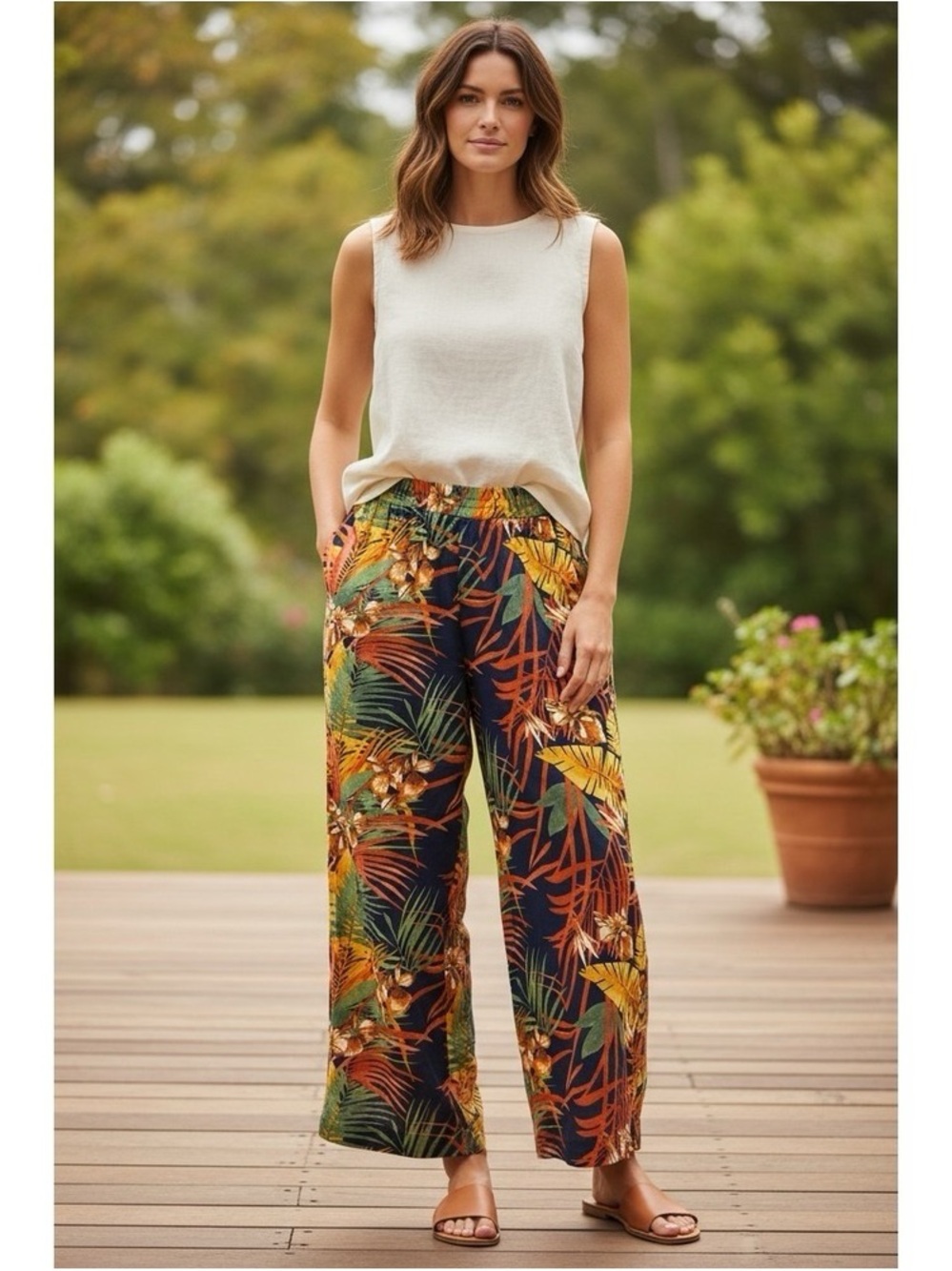 NWT Panama Jack Wide‎ Leg Pants Navy Tropical Floral Botanical Size M